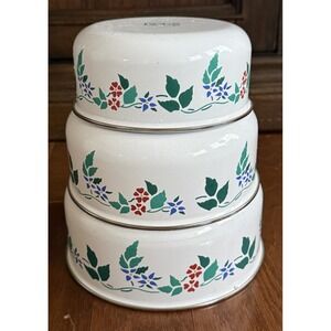 Vintage Set of 3 Kobe Kitchen Floral Enamel Metal Mixing Nesting Bowls JC Penney